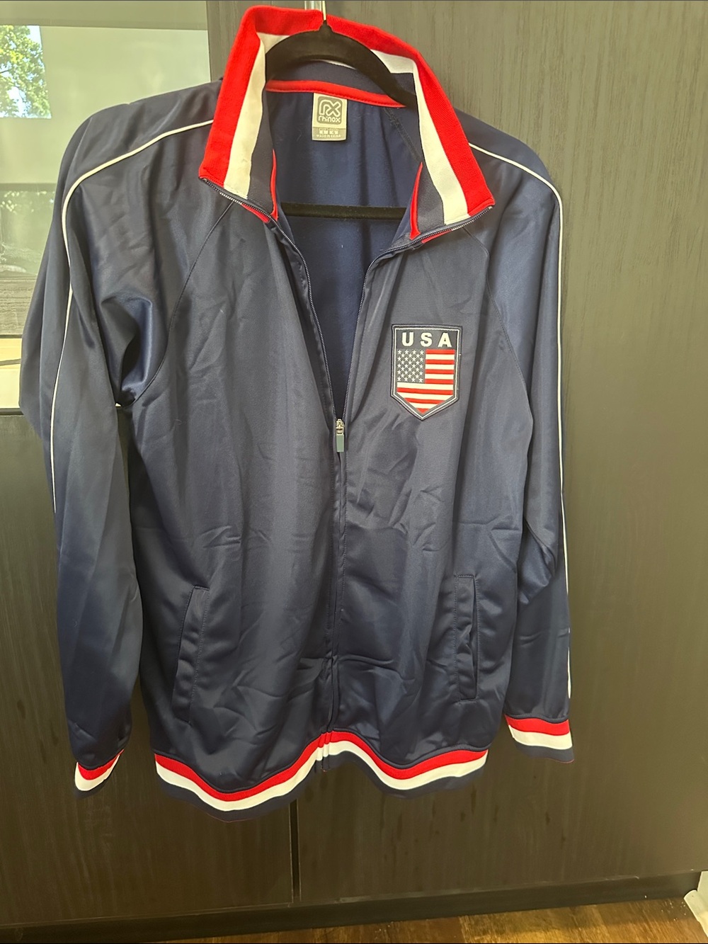 Navy USA Patch Varsity Jacket with Red & White Trim